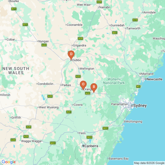 Map showing Crowe Roof Restorations service areas in Orange, Bathurst and Dubbo